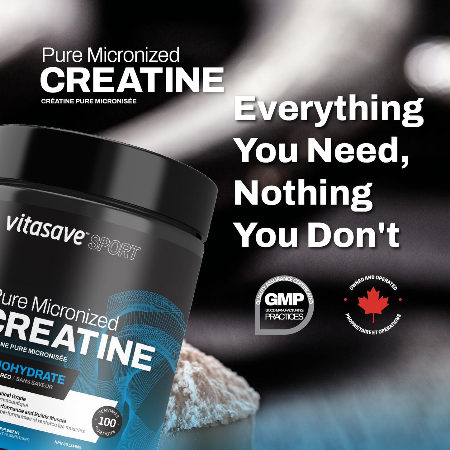 Vitasave Micronized Creatine Monohydrate Powder 500g (100 Servings) - Muscle Growth & Performance Creatine Supplement Ultra Fine Fast-Absorbing Formula for Athletes & Bodybuilders - Made in Canada