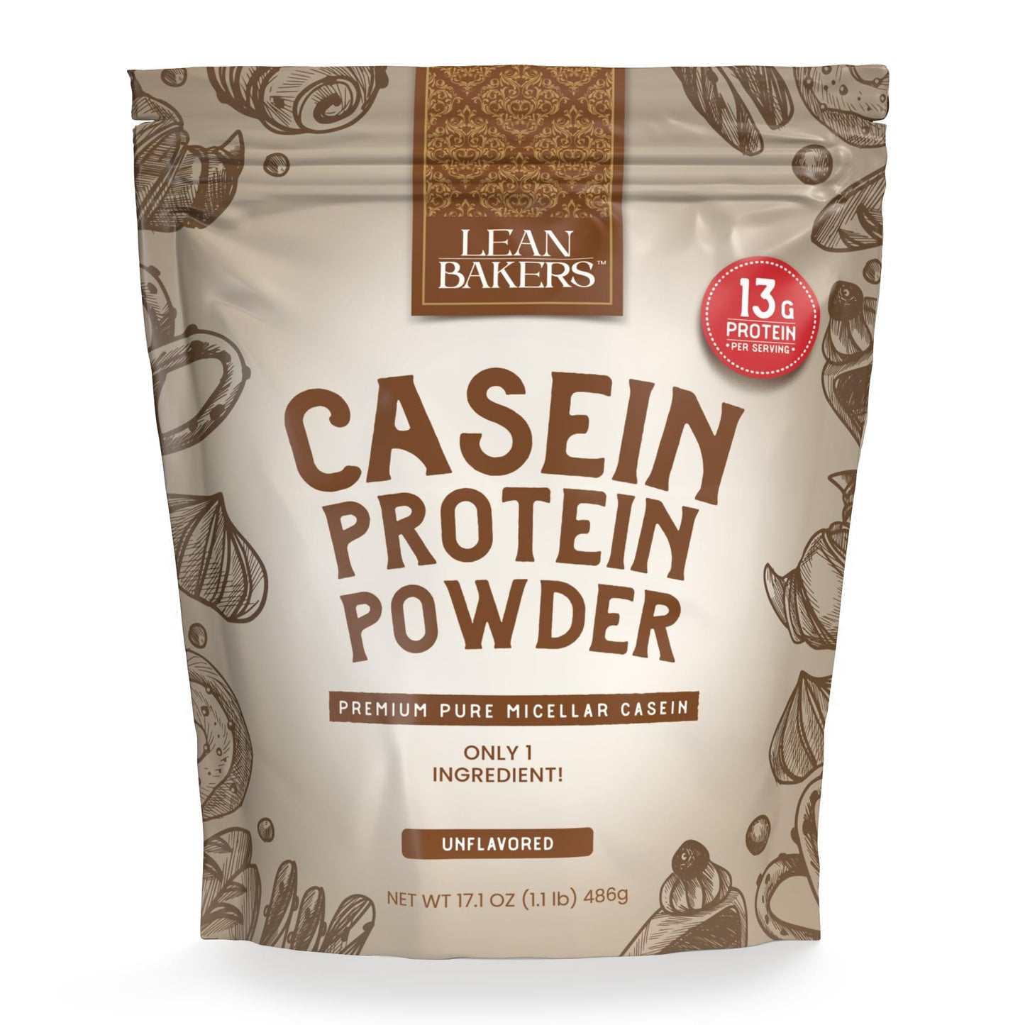LEANBAKERS, Casein Protein Powder, Pure Micellar Casein, Gluten Free, for Baking high Protein Low Calorie Snacks, no sweeteners, 1.1lb