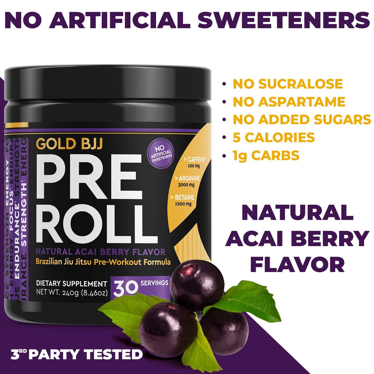 Gold BJJ PreRoll - Jiu Jitsu Pre Workout Supplement for Energy, Focus, and Endurance - Martial Arts Specific Pre-Workout Powder Formula with Natural Flavors (Acai Berry, 30 Servings)