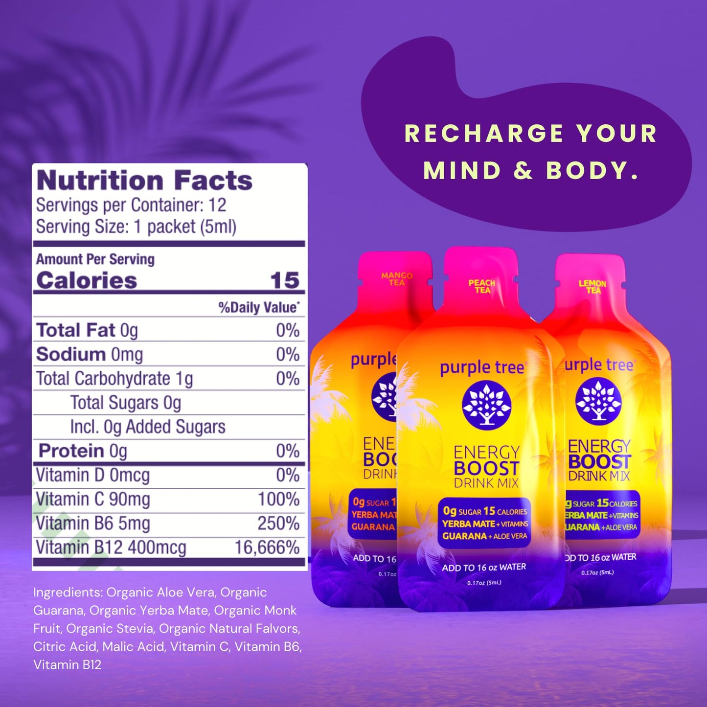 purple tree Organic Energy Stick Packets, Zero Sugar, B12 Vitamins, Lemon Ice Tea Flavor | 80mg Caffeine from Yerba Mate & Guarana to Prevent Crashing, 12 to-Go Packs