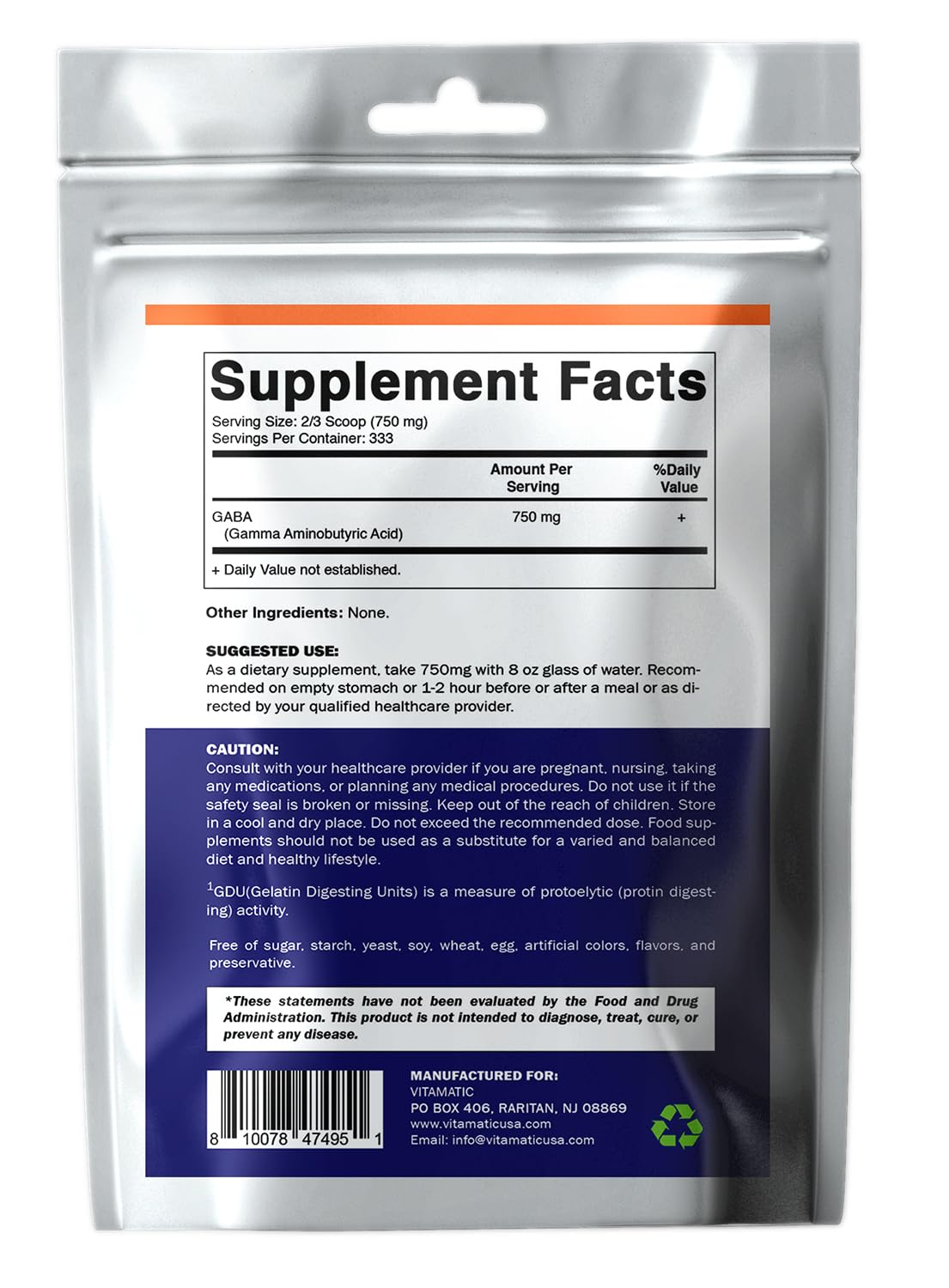 Vitamatic Gamma Aminobutyric Acid Powder 750 mg per Serving - 250 Grams - Also Called GABA - 333 Servings