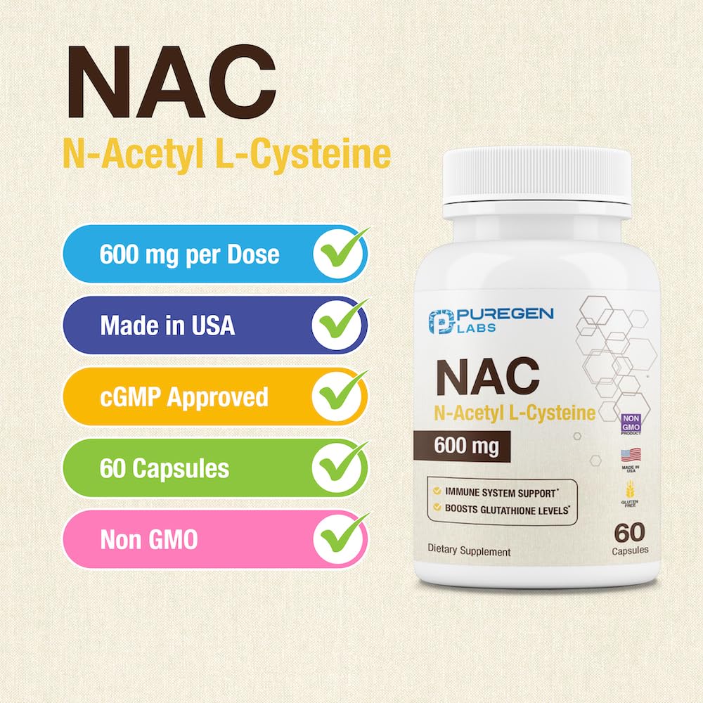 Puregen Labs N-Acetyl-L-Cysteine (NAC) 600mg, Supports Immune, Respiratory, Liver Health, NAC 600 mg, Potent antioxidant Support, Free-radicals, Easy to Absorb - 60 Vegetarian Capsules