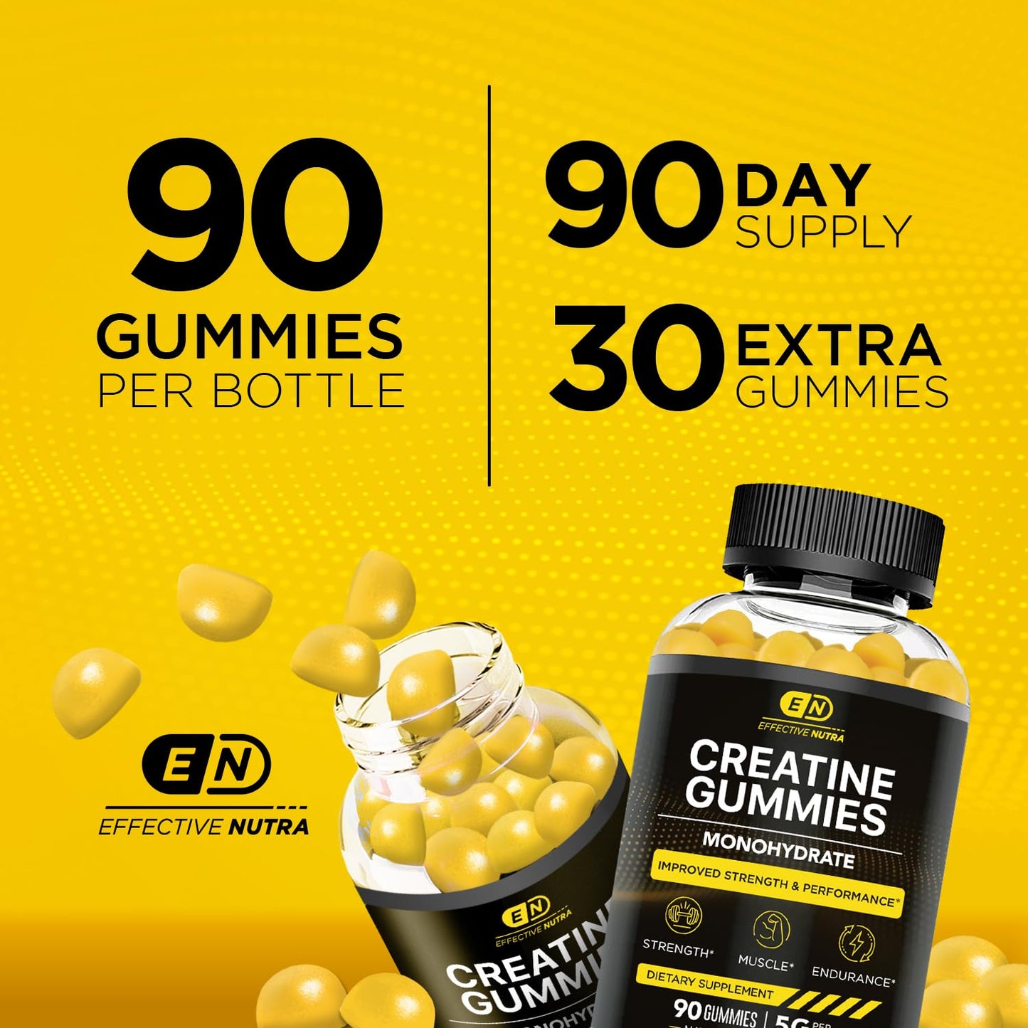 EFFECTIVE NUTRA Creatine Monohydrate Gummies | 1g Per Gummy | Vegan Creatine Gummies Supplement for Men & Women | Strength, Muscle Growth, Energy, Endurance | Natural Lemon Flavor, Made in USA (90ct)