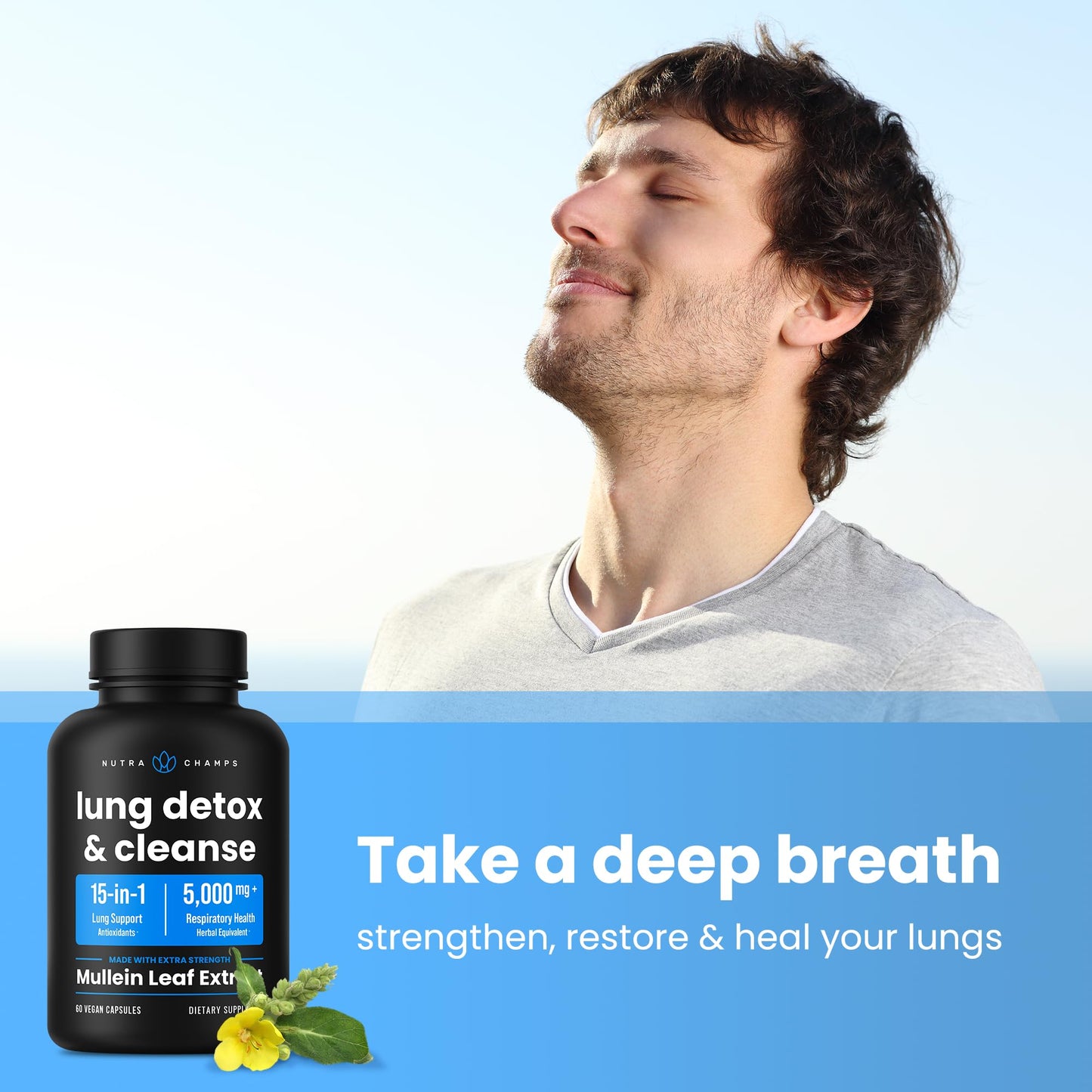 NutraChamps Lung Detox & Cleanse, Mullein Leaf Capsules, 15-in-1 Lung Health Formula for Respiratory, 10:1 Mullein Leaf Extract (3000mg Equivalent), Vegan Lung Support Supplement