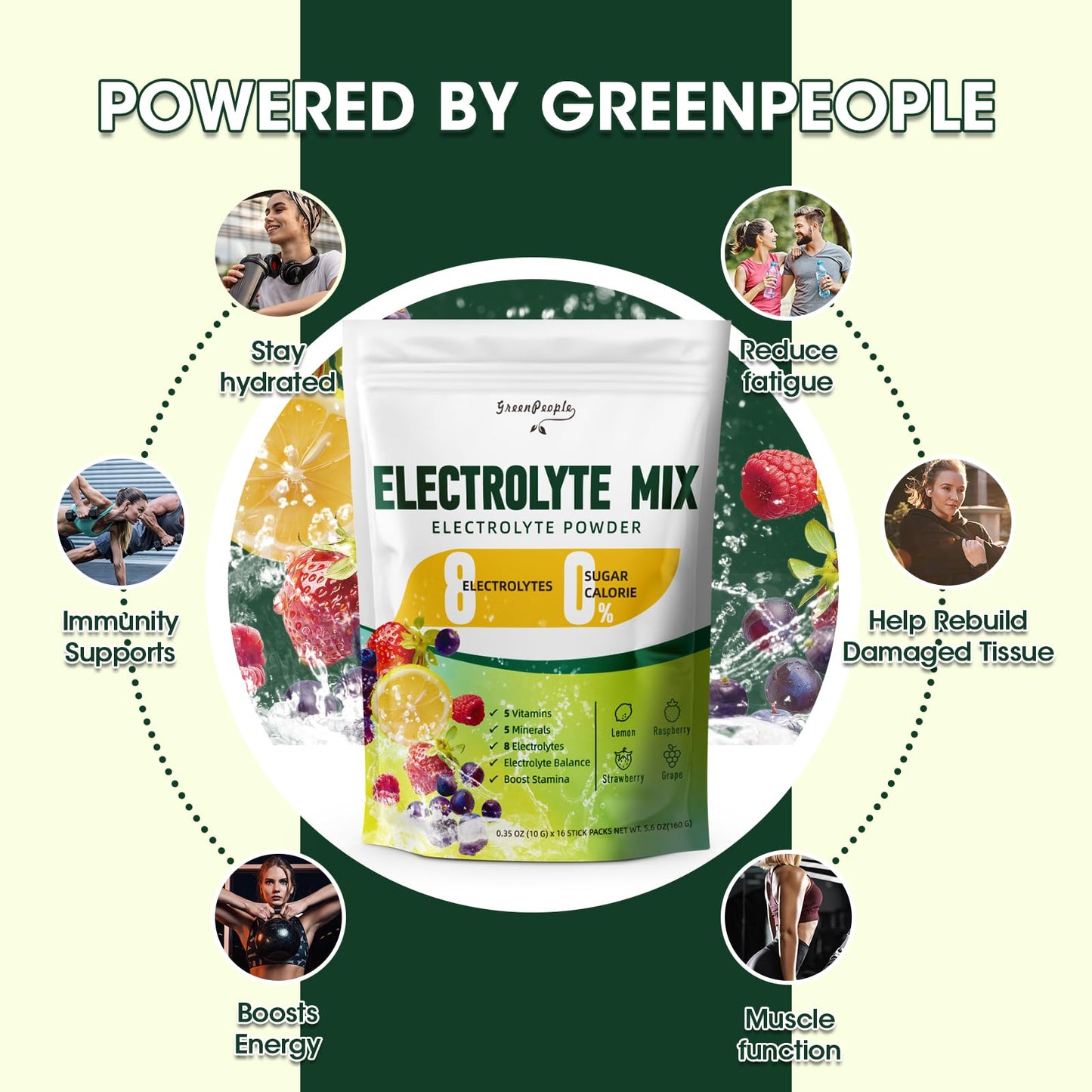 GREENPEOPLE Electrolytes Powder No Sugar - Sugar Free Hydration Electrolyte Packets - Fruit Flavors Electrolyte Drink Mix - 8 Electrolytes 5 Vitamins & Minerals Vegan Non-GMO 16 Sticks
