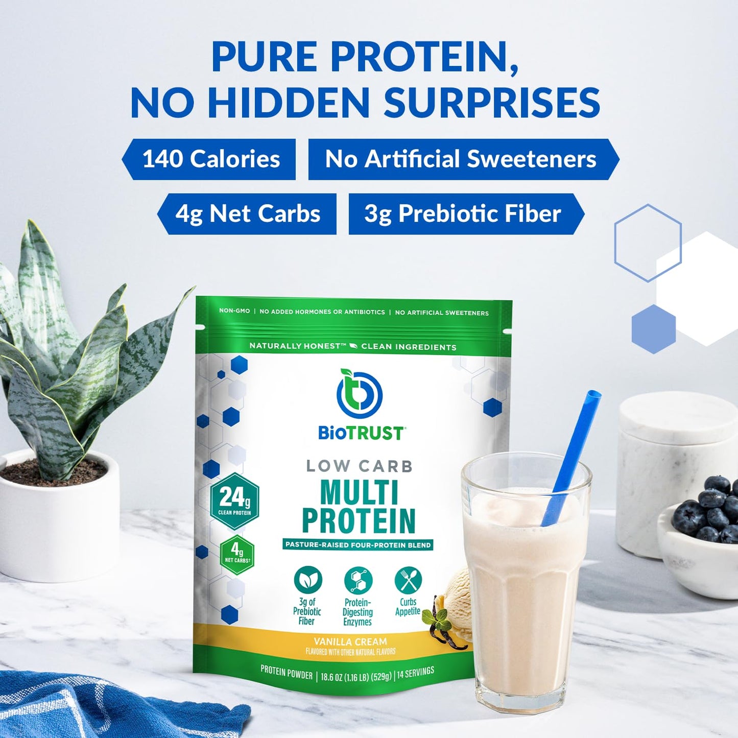BioTrust Low Carb Protein Powder - Natural and Delicious Whey & Casein Blend from Grass-Fed Hormone Free Cows - Non GMO, Soy Free, Gluten Free, Hormone Free (Vanilla)
