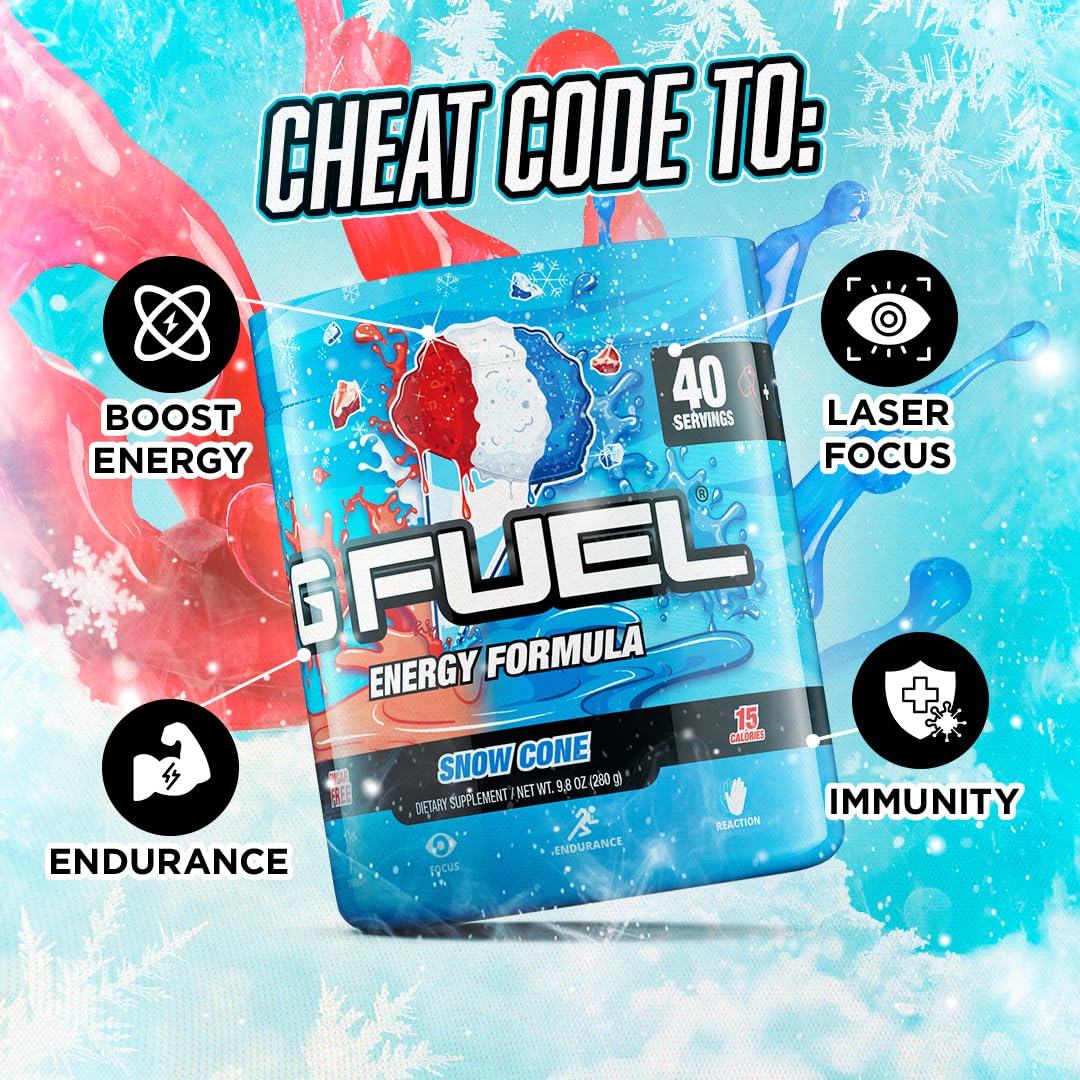 G Fuel Snow Cone Energy Drink Powder, Pre Workout Caffeine Mix for Gaming, Sugar Free Focus Amino, Vitamin + Antioxidants, 9.9oz (Snow Cone, 40 Servings)