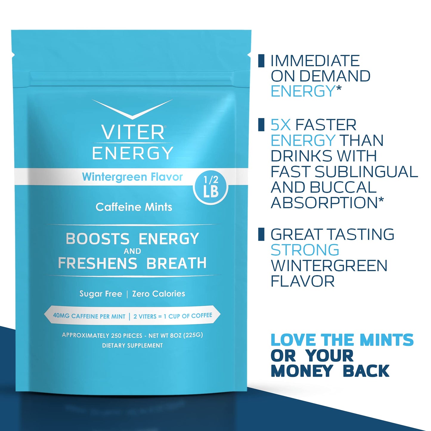 Viter Energy 40mg Caffeine Mints - Sugar Free, B Vitamins, Vegan, Boosts Fast Energized Alert Focus, Caffeinated Nootropic Supplement Pills (Wintergreen Flavor, 8oz, Bulk Bag)