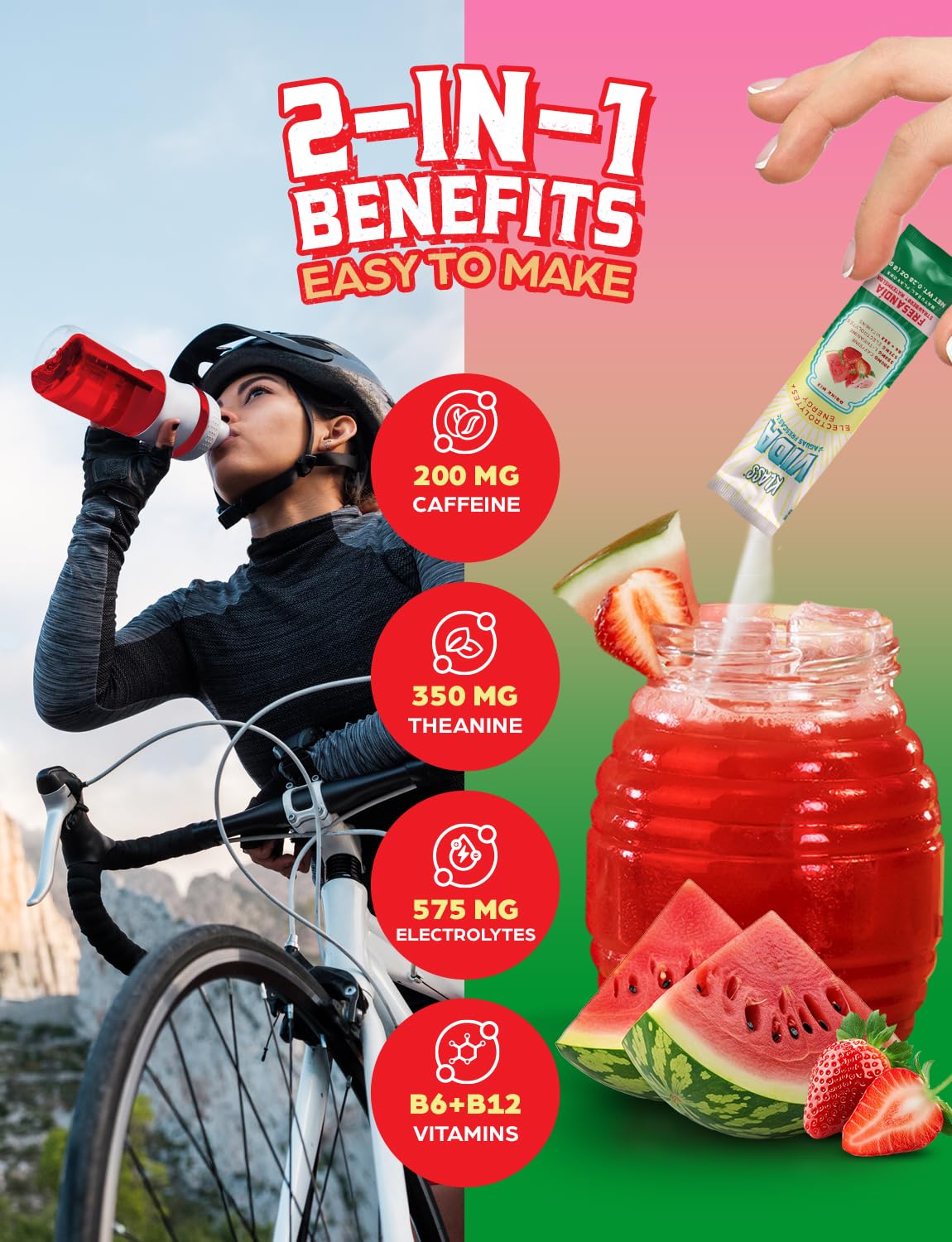 KLASS VIDA Hydration + Energy Sugar-Free Powder Packets |Electrolyte Agua Fresca Drink Mix, Caffeine & Theanine |Hibiscus, Horchata, Strawberry Watermelon |15 Single Serve Sticks |Low Calorie
