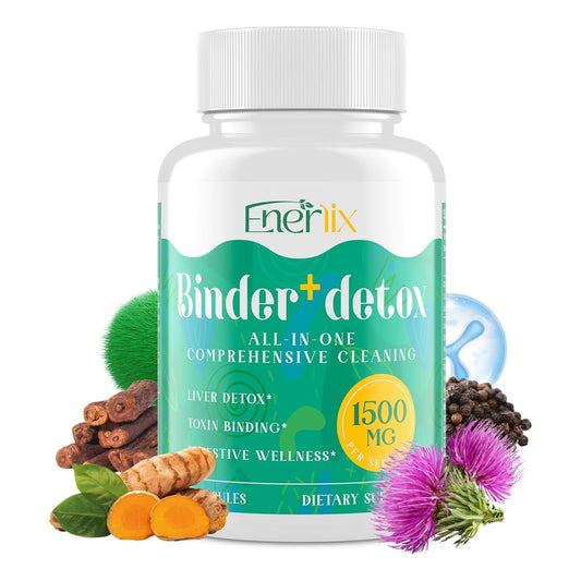 Enerlix 15-in-1 Detox Binder, Activated Charcoal, Zeolite & Bentonite Clay, Chlorella, 1500 MG Supplement Maximum Absorbent, Liver Gut Digestive Toxin Detox Cleanse, 90 Vegan Capsules