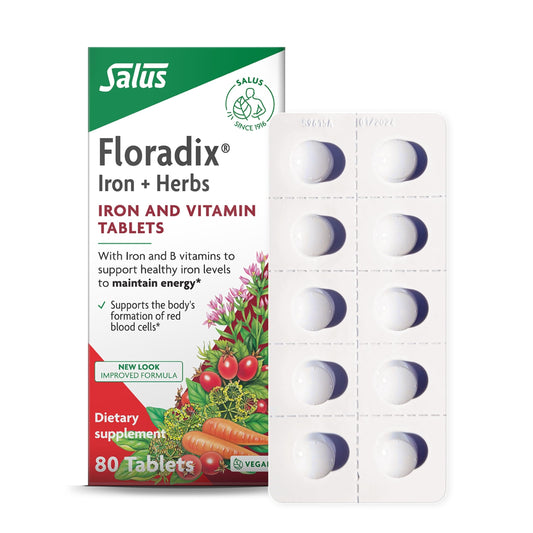 Floradix Iron Tablets - Iron Supplement with Folic Acid, Vitamin C & More - Energy Support - Vegetarian, Gluten-Free - 80 Tablets