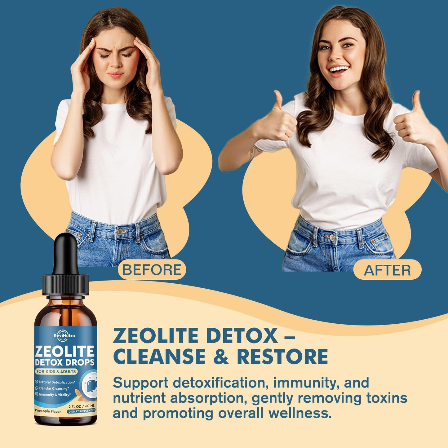 ReviNutra Zeolite Detox for Kids and Adults, Zeolite Clinoptilolite Liquid Drops with Chlorella, Magnesium, Zinc, Methy Vitamin B12 & D3, Gut Liver Detox Cleanse, Immunity, Pineapple Flavor 2 Fl Oz