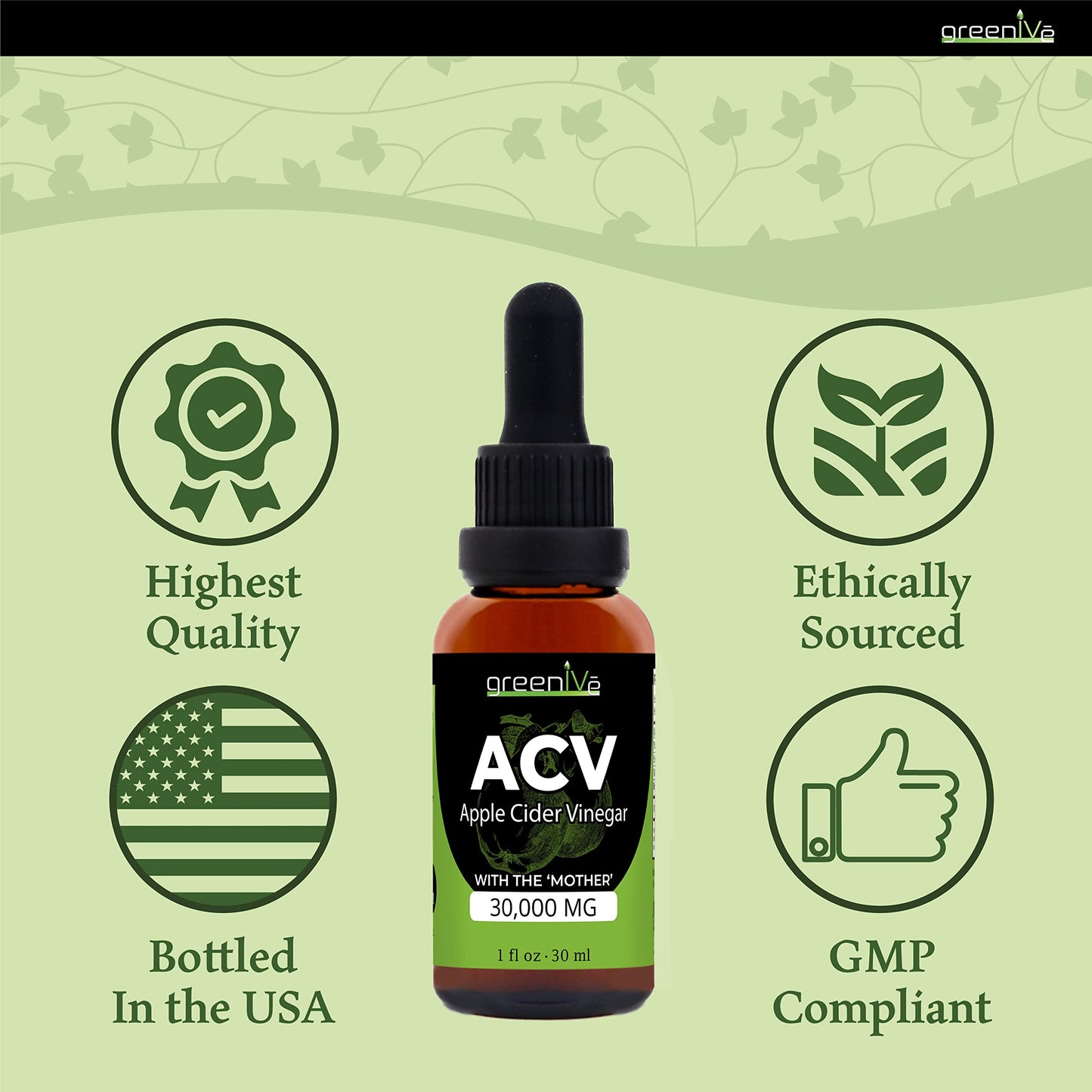 GreenIVe ACV Drops Apple Cider Vinegar with The Mother, Pure ACV