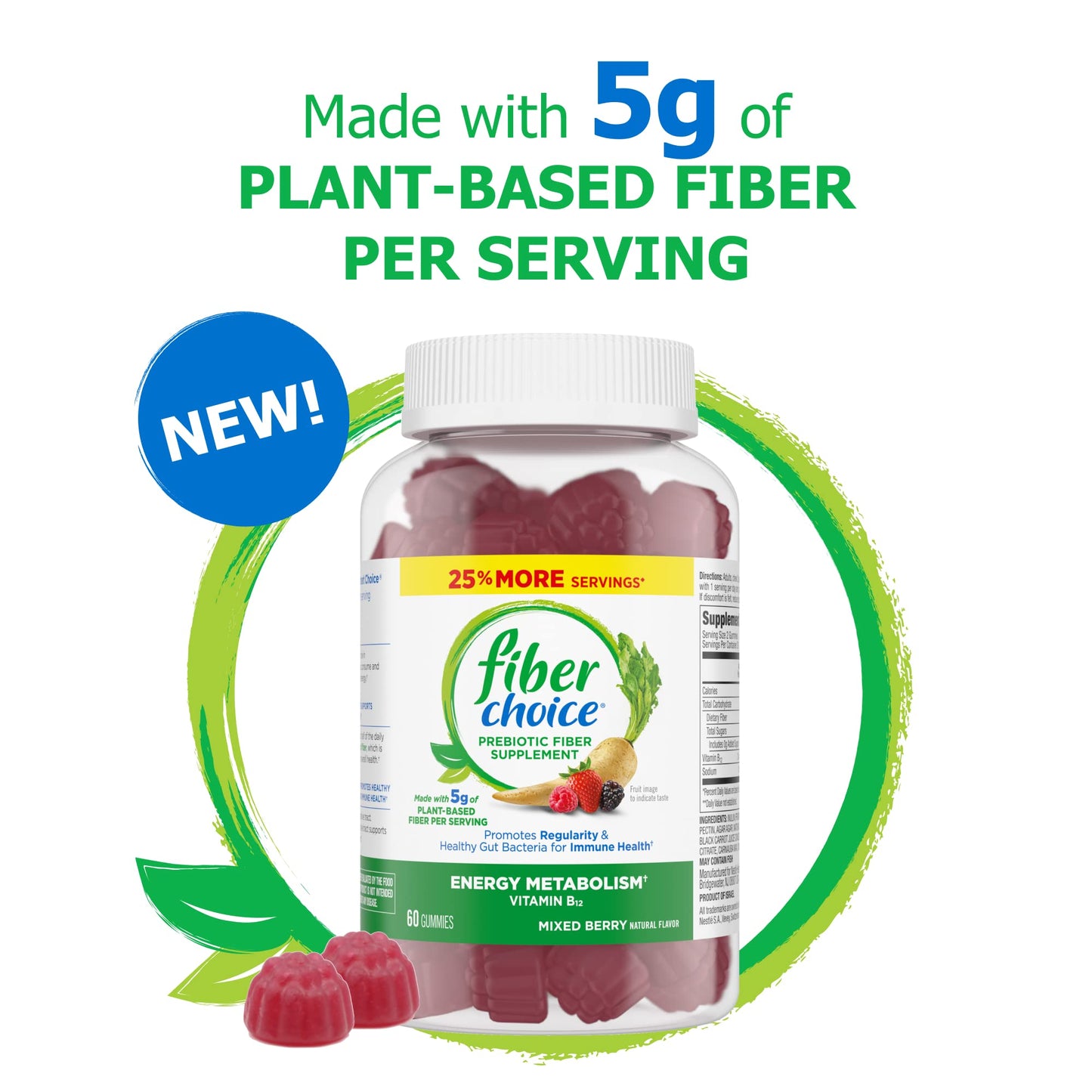Fiber Choice 5g Plant-Based Prebiotic Fiber Gummies, Supports Energy Metabolism, Regularity & Healthy Gut Bacteria, Mixed Berry, 60 Count (2 per Serving)