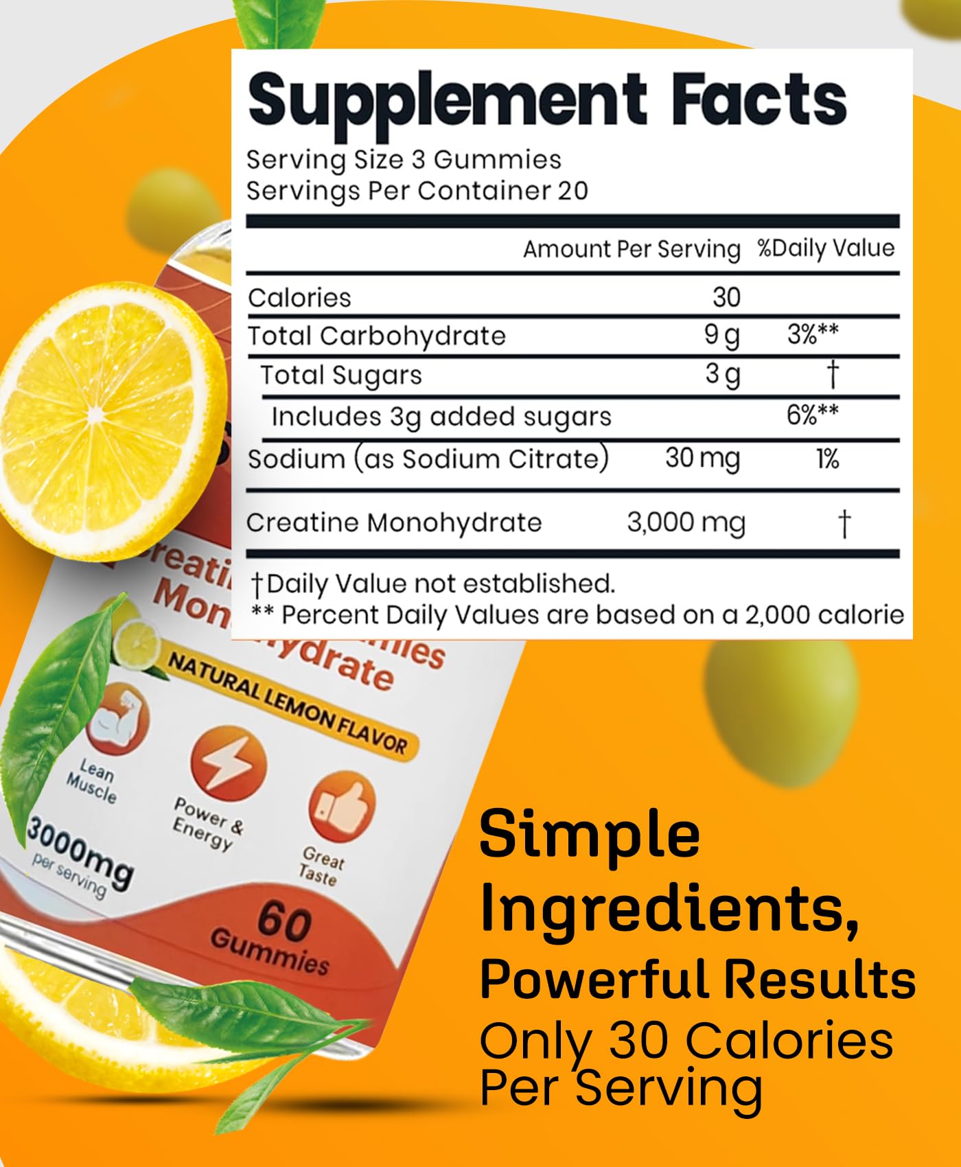 JustGummies Creatine Monohydrate Gummies 3000 mg Per Serving | Creatine Infused Gummies to Increase Strength and Build Muscle, Vegan, Lemon Flavor, 60 Count