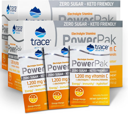 Trace Minerals | Power Pak Sugar Free Electrolyte Powder Packets | 1200 mg Vitamin C, Zinc, Magnesium | Boost Immunity, Hydration and Natural Energy | Keto Friendly | Orange Mango | 60 Packets