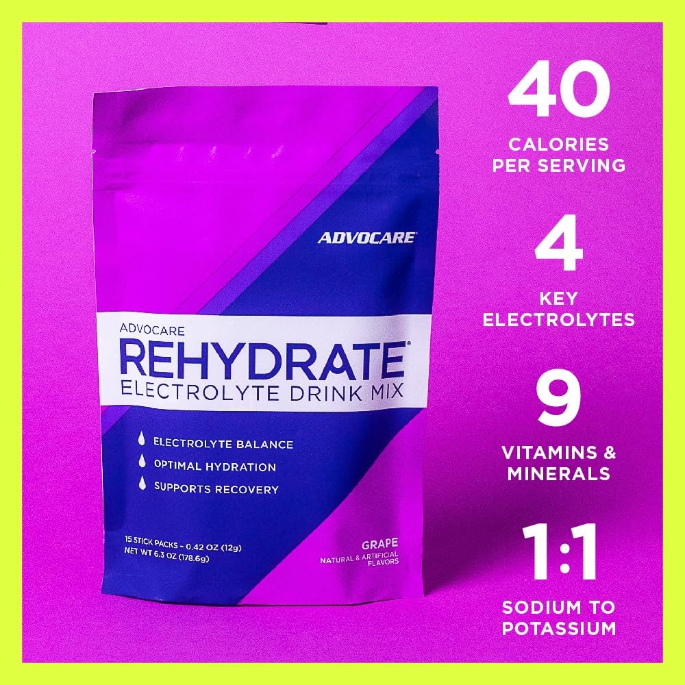 AdvoCare Rehydrate Electrolyte Drink Mix - Electrolytes Powder Packets - Drink Mix Packets - Essential Amino Acids Supplement - Powdered Drink Mix for Water - Grape - 15 Hydration Packets