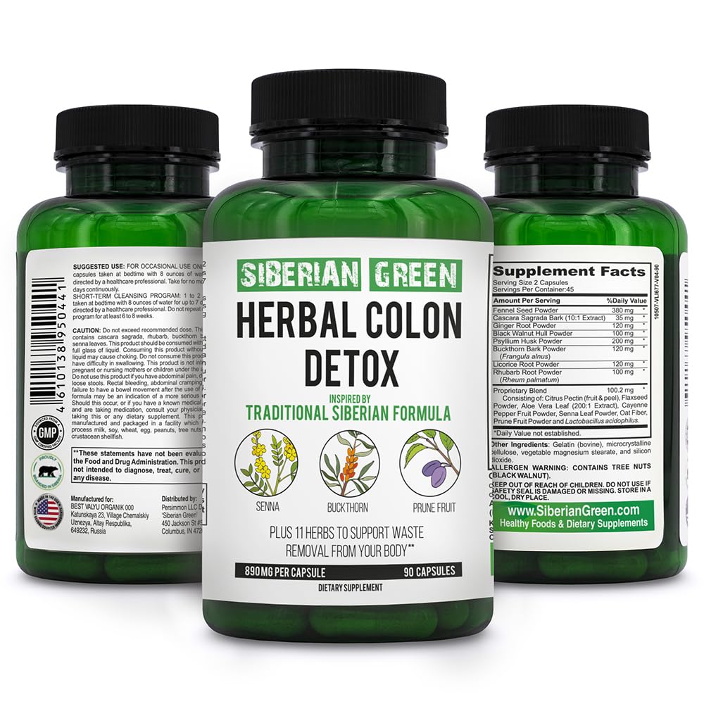 Siberian Green Herbal Colon Detox with Senna Buckthorn Prune Fruit 90 Capsules - Traditional Siberian Formula 14 Herbs & Probiotic to Cleanse Colon and Detox Body
