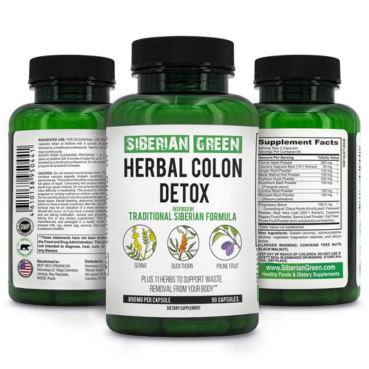 Siberian Green Herbal Colon Detox with Senna Buckthorn Prune Fruit 90 Capsules - Traditional Siberian Formula 14 Herbs & Probiotic to Cleanse Colon and Detox Body