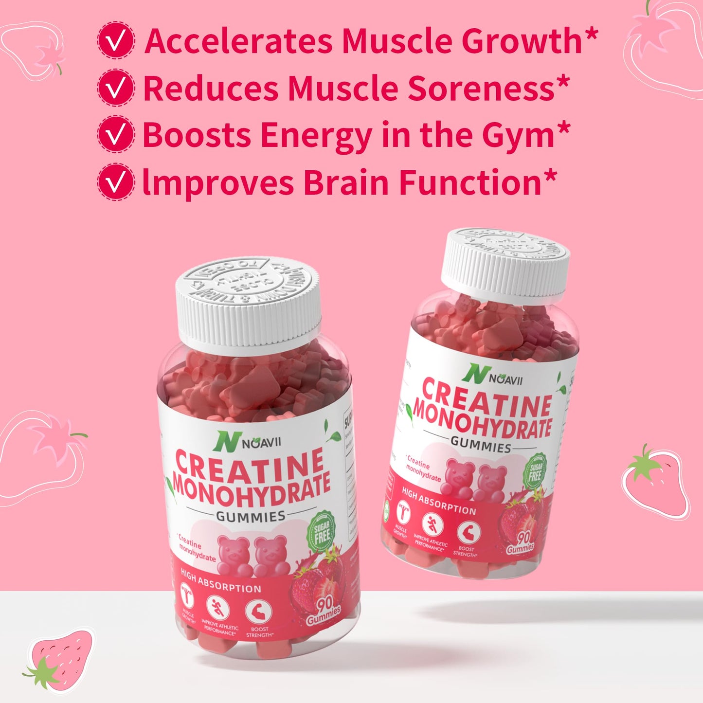 NOAVII Creatine Monohydrate Gummies 5000mg for Men & Women, Chewables Creatine Monohydrate for Muscle Strength, Muscle Builder, Energy Boost, Pre-Workout Supplement-180 Strawberry Gummies