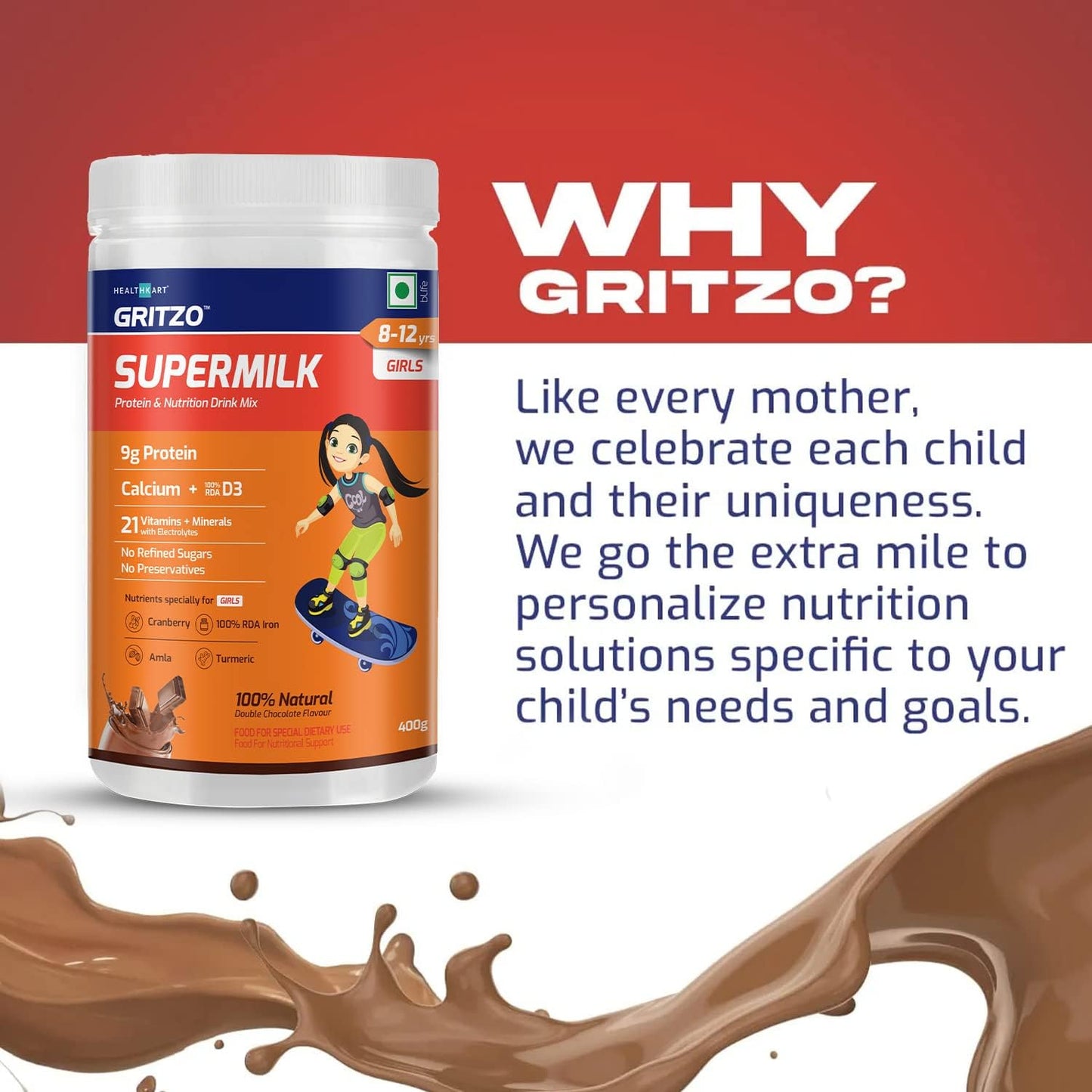 SuperMilk 8-12y (Girls), Kids Nutrition & Health Drink, Protein Powder for Kids Growth & Sports, High Protein (10 g), Calcium + D3, 21 Nutrients, Natural Double Chocolate Flavour, 400 g | 14.10 Ounce
