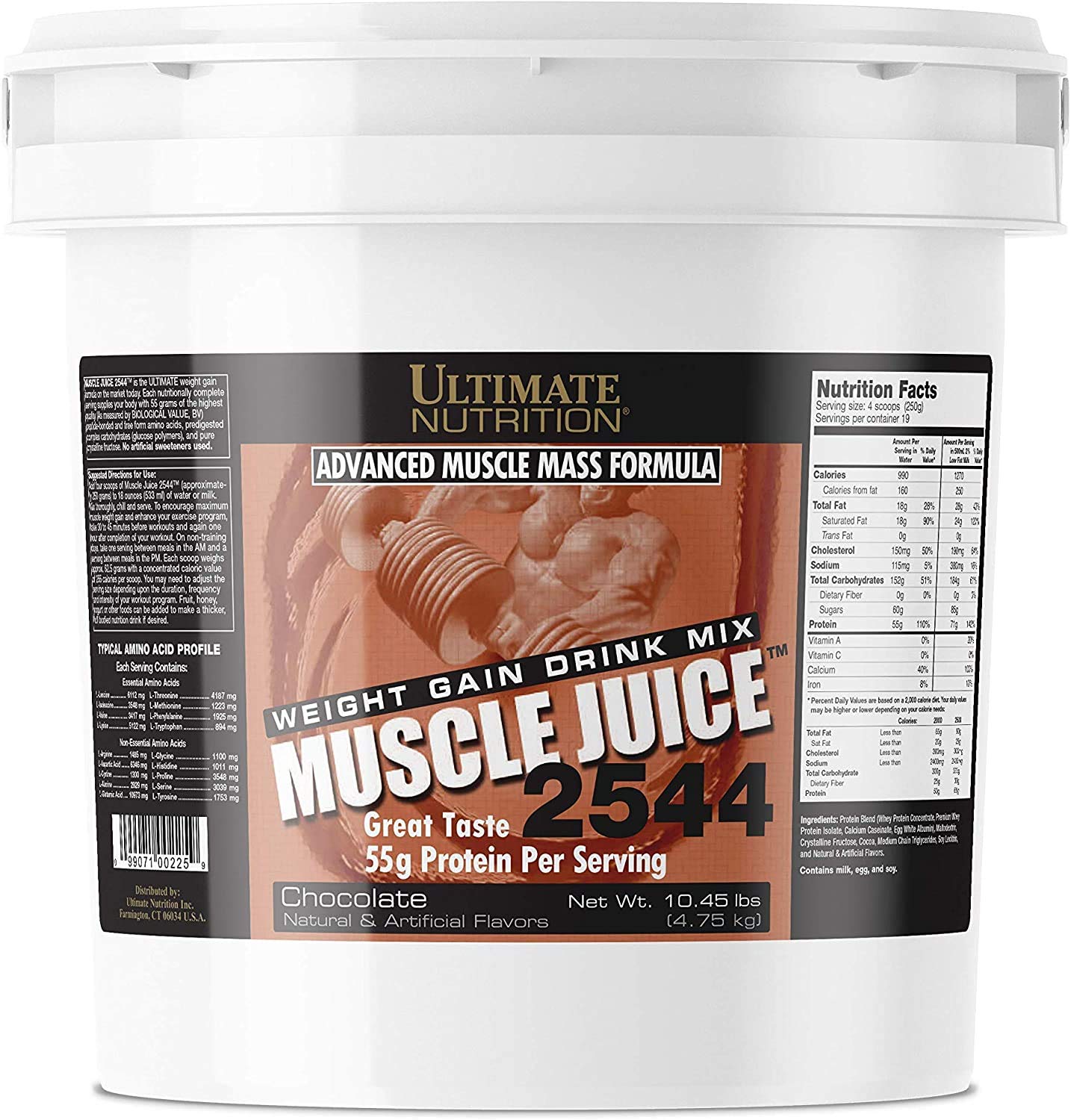Ultimate Nutrition Muscle Juice 2544, Lean Muscle Mass Classic Gainer, Weight Gain Drink Mix, Blend of Whey Protein Concentrate, Whey Protein Isolate, Casein and Egg Whites, 10.45 Pounds, Chocolate
