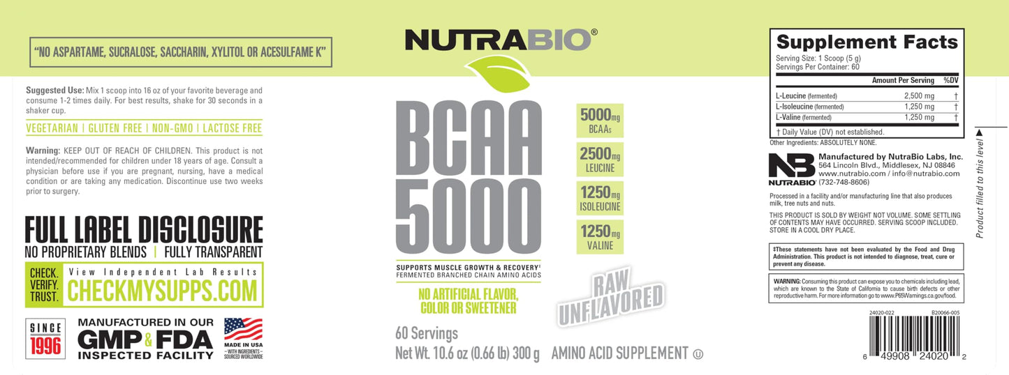 NutraBio BCAA 5000 Powder - Fermented Branched Chain Amino Acids for Muscle Growth & Recovery - Natural Flavors, Sweeteners, and Coloring, Vegan, Gluten Free - Unflavored, 60 Servings
