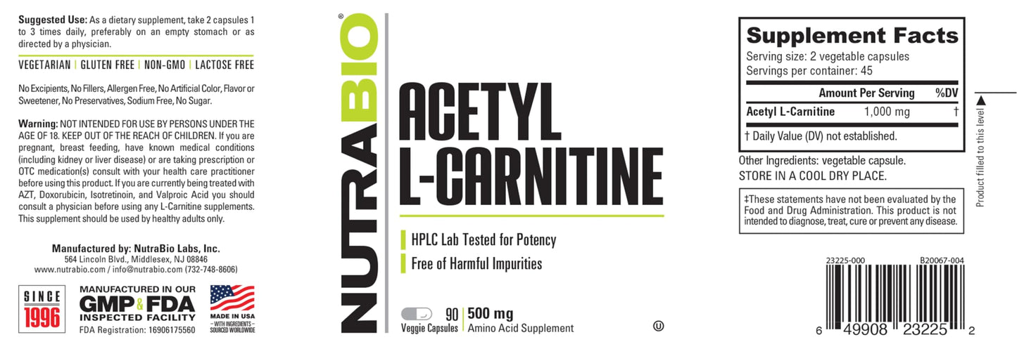 NutraBio Acetyl L-Carnitine (ALCAR) Supplement, 500mg - Support Natural Energy Production, Metabolic Management, and Overall Health, 90 Capsules