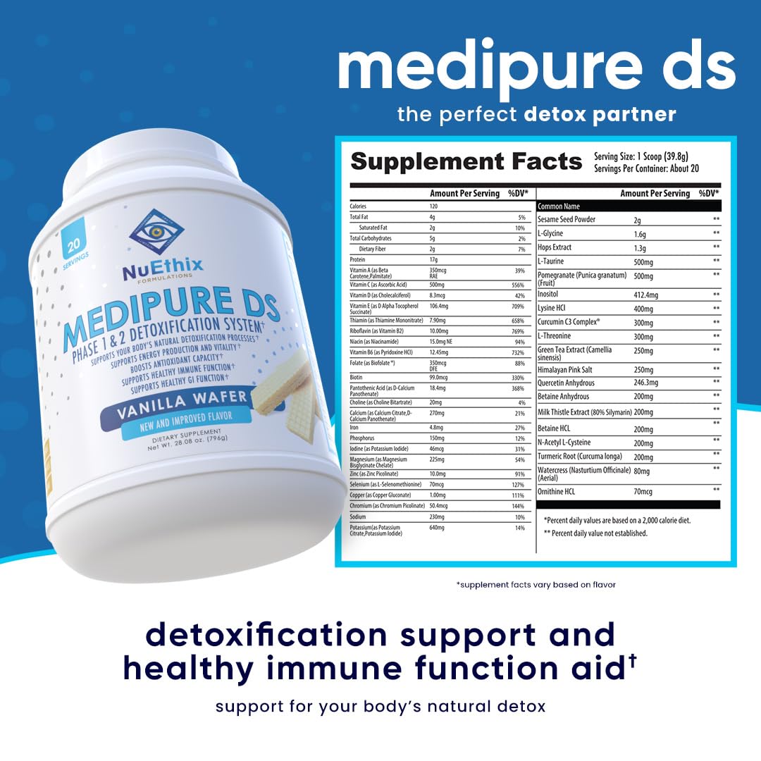 NuEthix Formulations Medipure DS with Pea Protein Phase 1 & 2 Detoxification System, Supplement to Help Support The Body’s Natural Detoxification Process, Vanilla Wafer (Non-Caffeinated), 20 Servings
