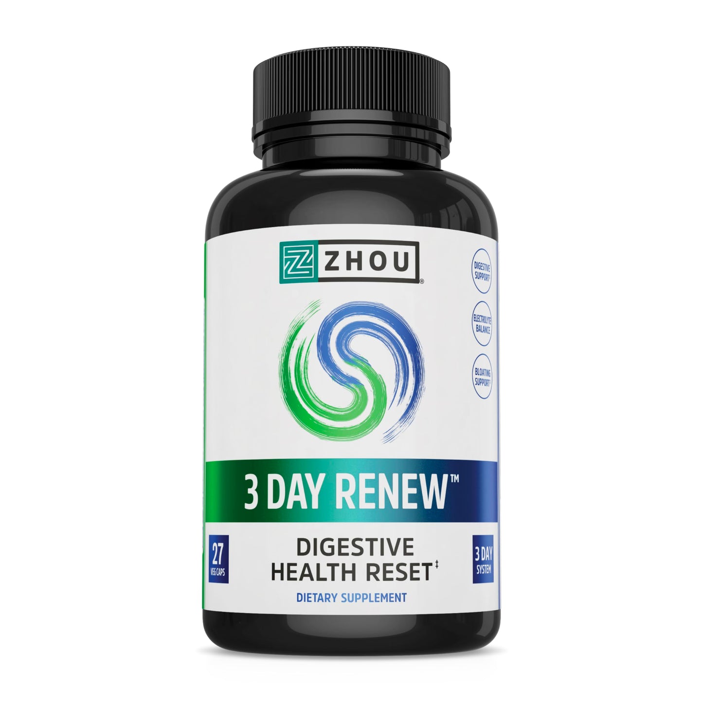 Zhou 3 Day Renew Digestive Health Reset, Bloating Aide, Alpha-Galactosidase, Probiotics, Electrolytes, 27 Veg Caps