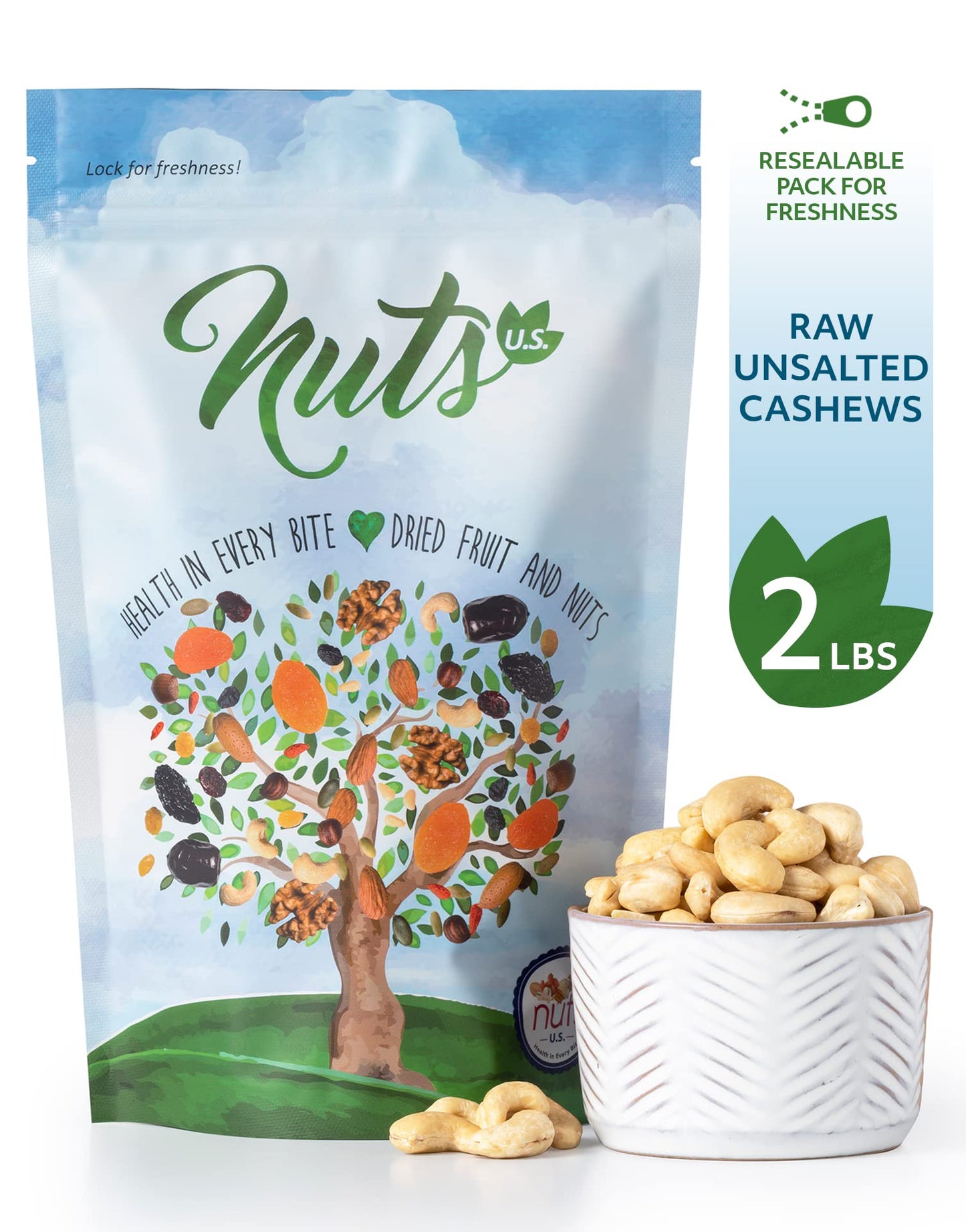 NUTS US  Cashews  Raw and Unsalted  Whole Kernels and No Shell  Fresh  Unroasted  Natural Bulk Cashews  2 LBS