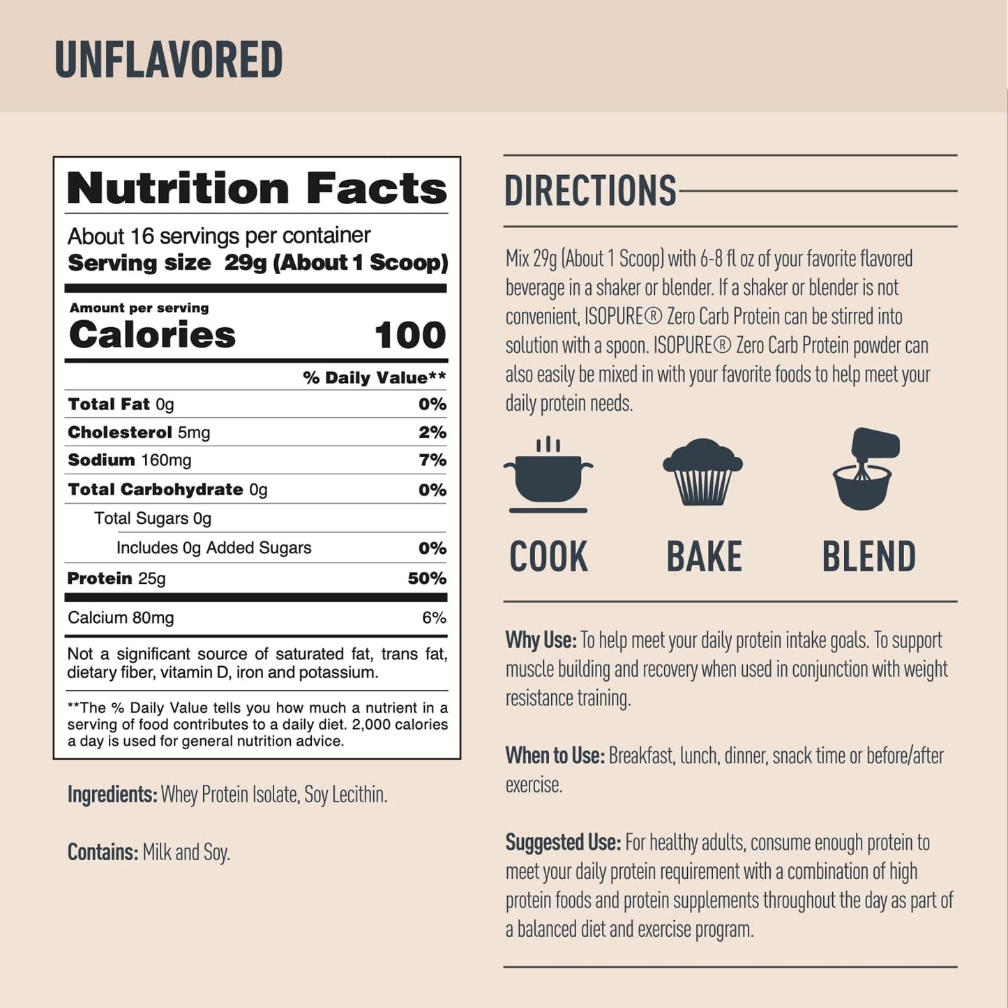 Isopure Zero Carb 100% Pure Whey Isolate Protein Powder, Lactose Free, Gluten Free, With Vitamins, Unflavored, 25g Protein Per Serving, 1 Lb, 16 Servings