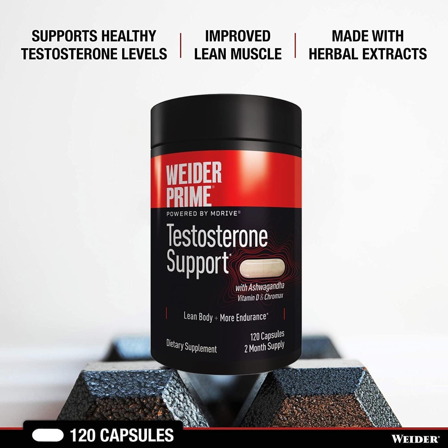 Weider Prime Testosterone Supplement for Men, Healthy , Support to Help Boost Strength and Build Lean Muscle, 120 Capsules