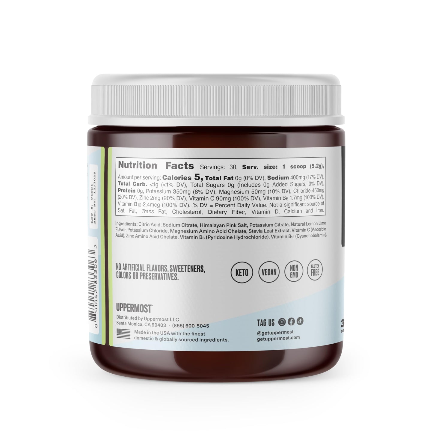 UPPERMOST Hydrate Hydration Keto Electrolytes Powder No Sugar Drink Mix - Naturally flavored & sweetened - with Vitamin C, B6, B12 & Zinc - 30 Servings (Lemon Lime)