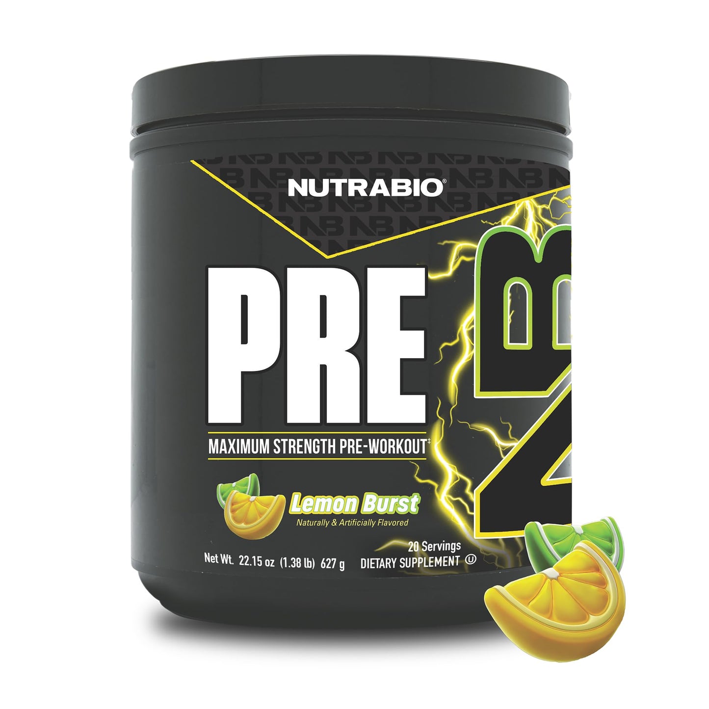 NutraBio PRE Workout Powder - New Formula- Sustained Energy, Mental Focus, Endurance - Beta Alanine, Caffeine, Electrolytes - 20 Servings - Lemon Burst