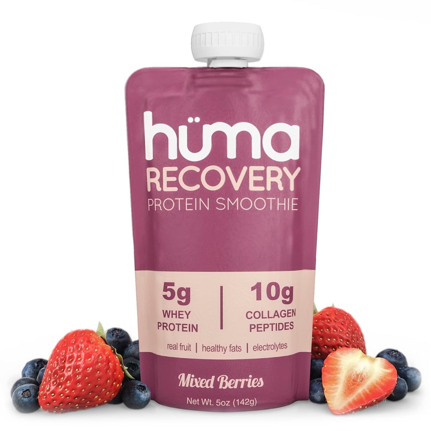 Huma Recovery Protein Smoothie, 6 Pouches - 15g Collagen + Whey Post Workout Recovery Drink - Ready-to-Drink Protein Shake with Real Fruit, Electrolytes, Healthy Fats