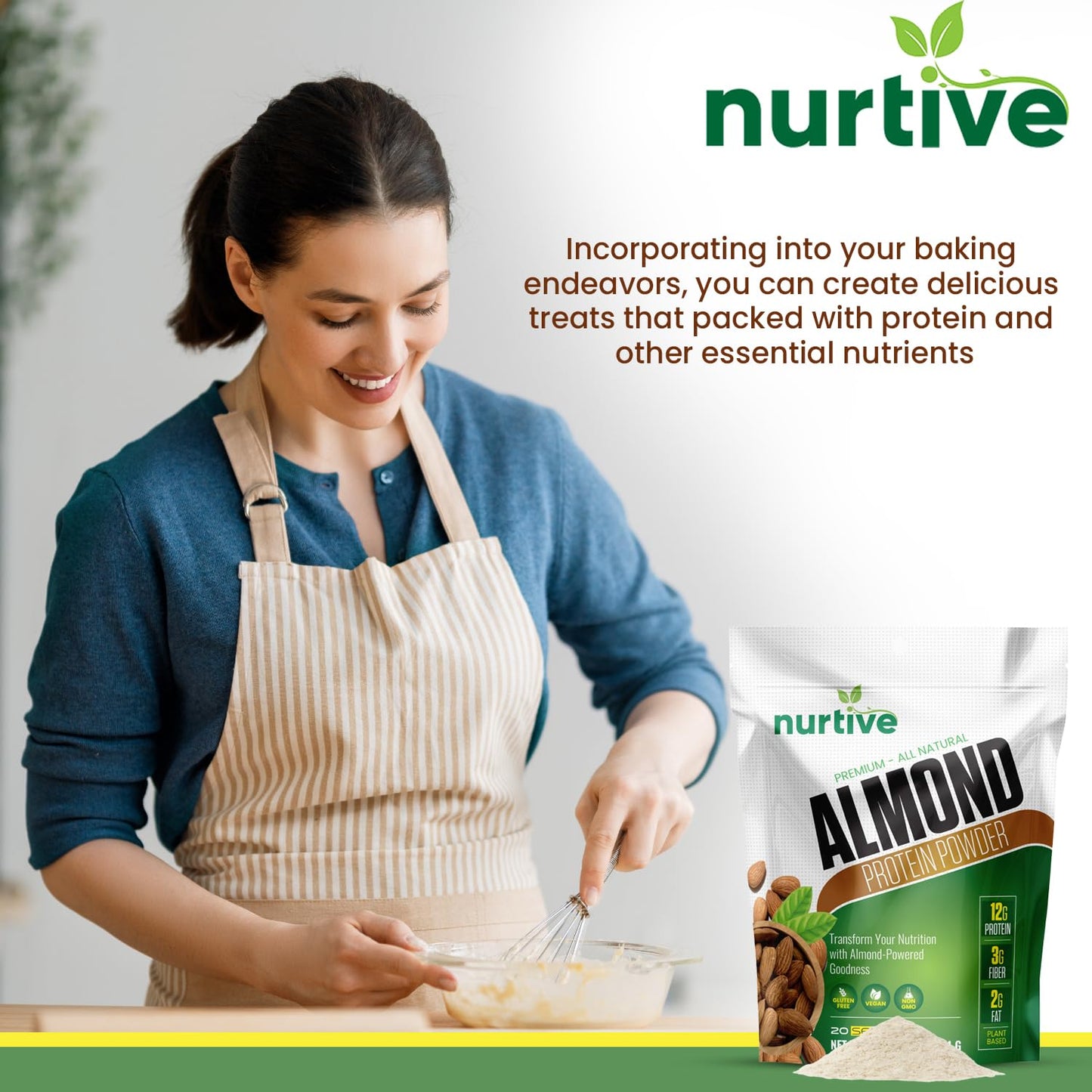 NURTIVE Almond Protein Powder - Rich in Antioxidants & Plant-Based - Nutritional Boost for Smoothies & Baking - Gluten Free, Non-GMO & Free from Artificial Additives - 20 Servings (16 oz / 454 g)