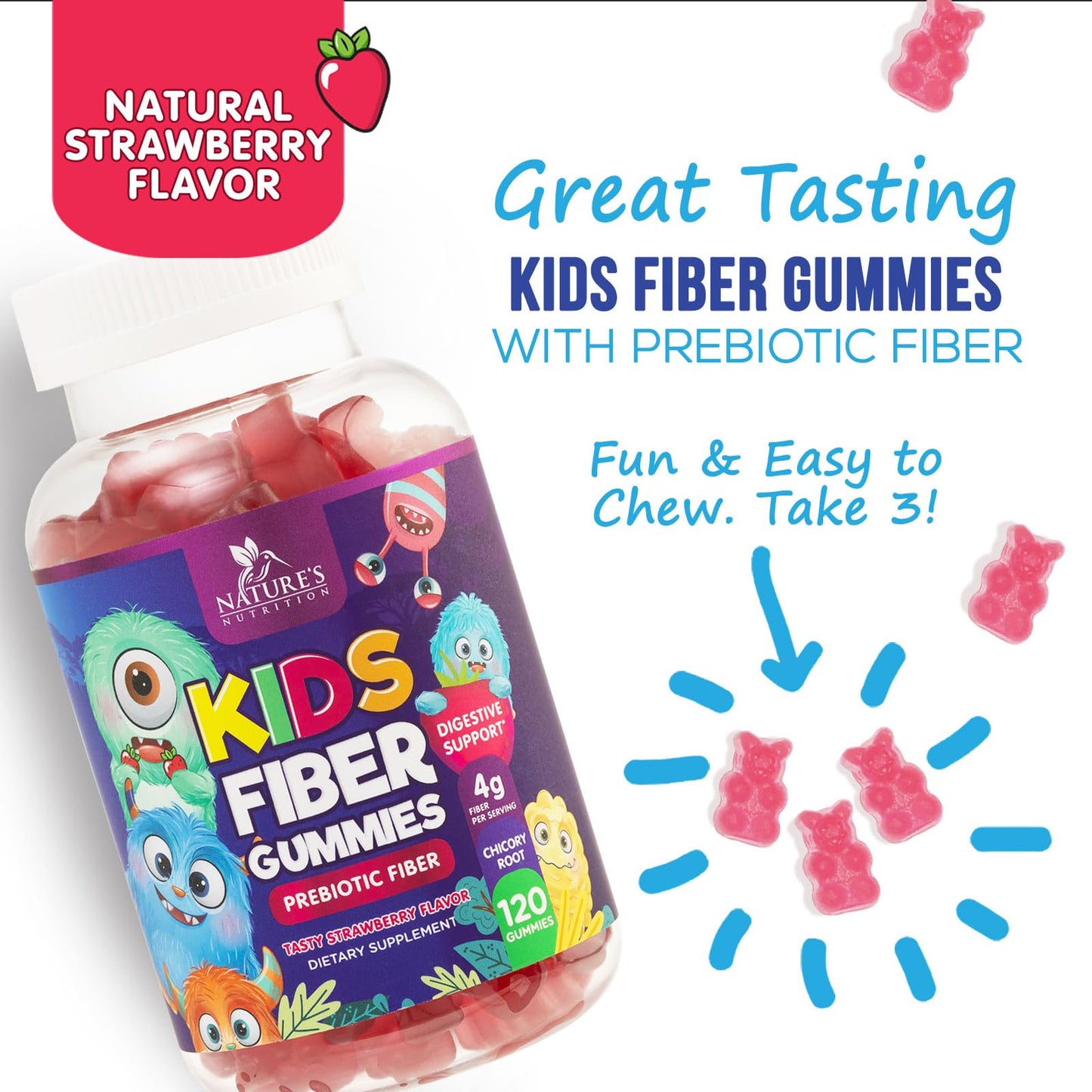 Fiber Gummies for Kids, Daily 4g Gummy Fiber Supplement, Prebiotic Digestive Health Support - Nature's Plant Based Soluble Fiber, Supports Regularity & Digestion for Kids Non-GMO - 120 Gummies