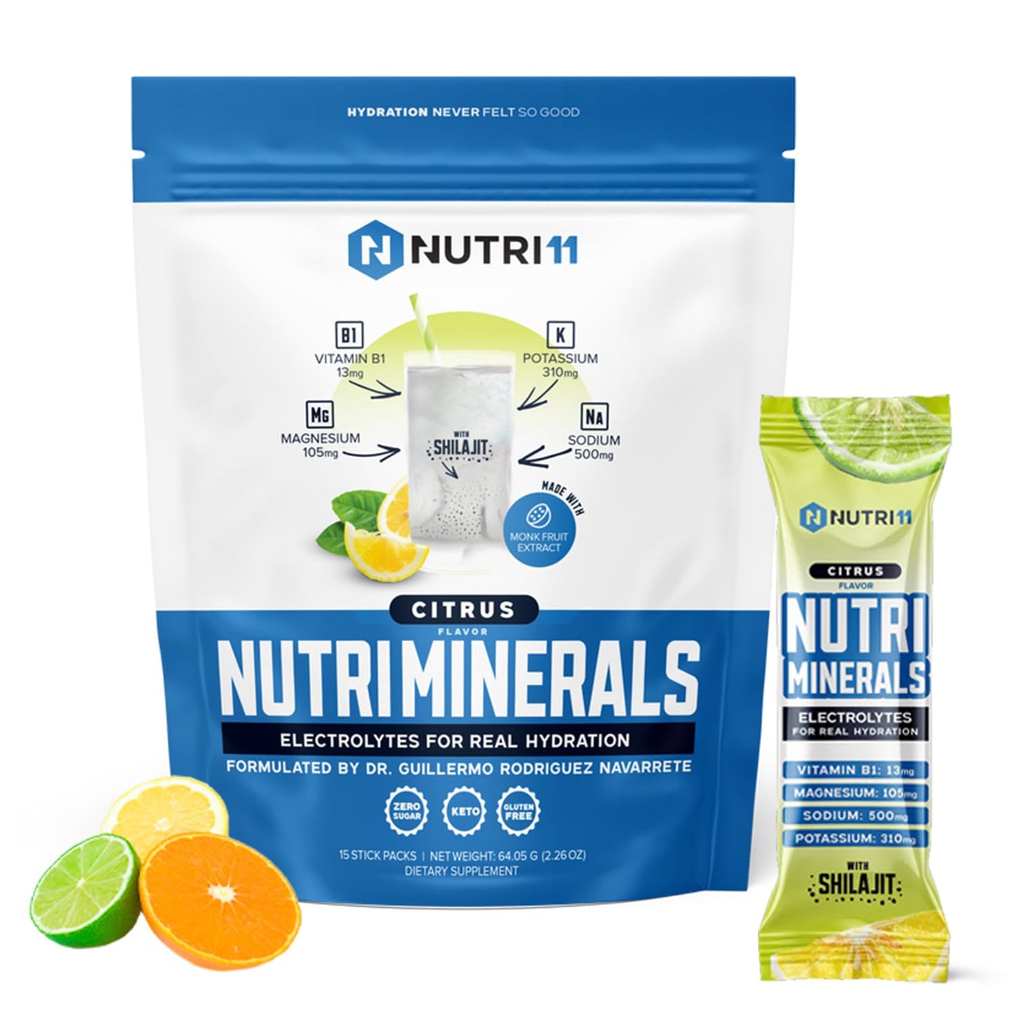 NUTRIMINERALS Hydration Electrolyte Powder | Advanced Vitamin B1, Shilajit & Pink Himalayan Salt | Zero Sugar | 15 Stick Packs | Clean Energy, Recovery & Detox Support (15 Sticks Pack, Citrus)
