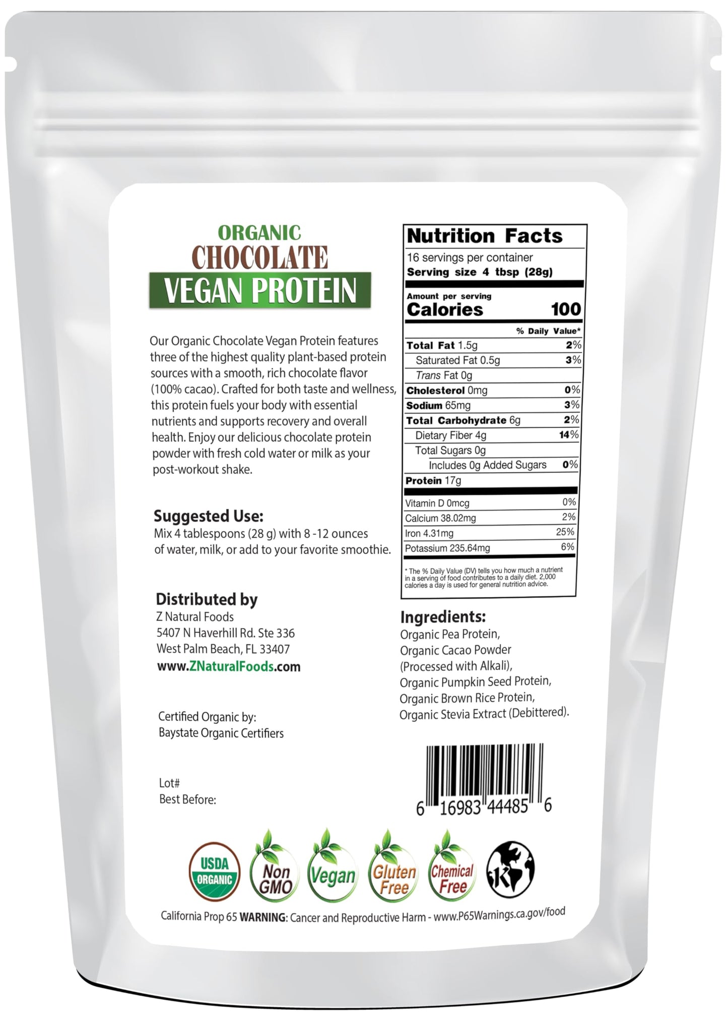 Organic Chocolate Vegan Protein Powder - Optimum Protein Blend Sourced From Pea, Brown Rice and Pumpkin With Cacao To Give A Delicious Chocolate Flavor Boost, Vegan, Stevia Sweetened - 1 lb