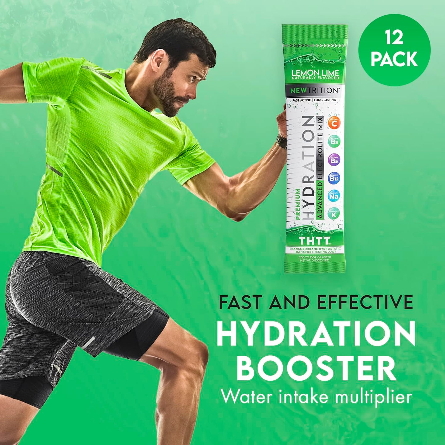 NewTrition Hydration Powder, Electrolyte Powder Packets, Naturally Flavored Hydrating Packets for Water, Fast Acting Hydrate Electrolytes with Vitamins C & D, Lemon Lime, 12 Servings