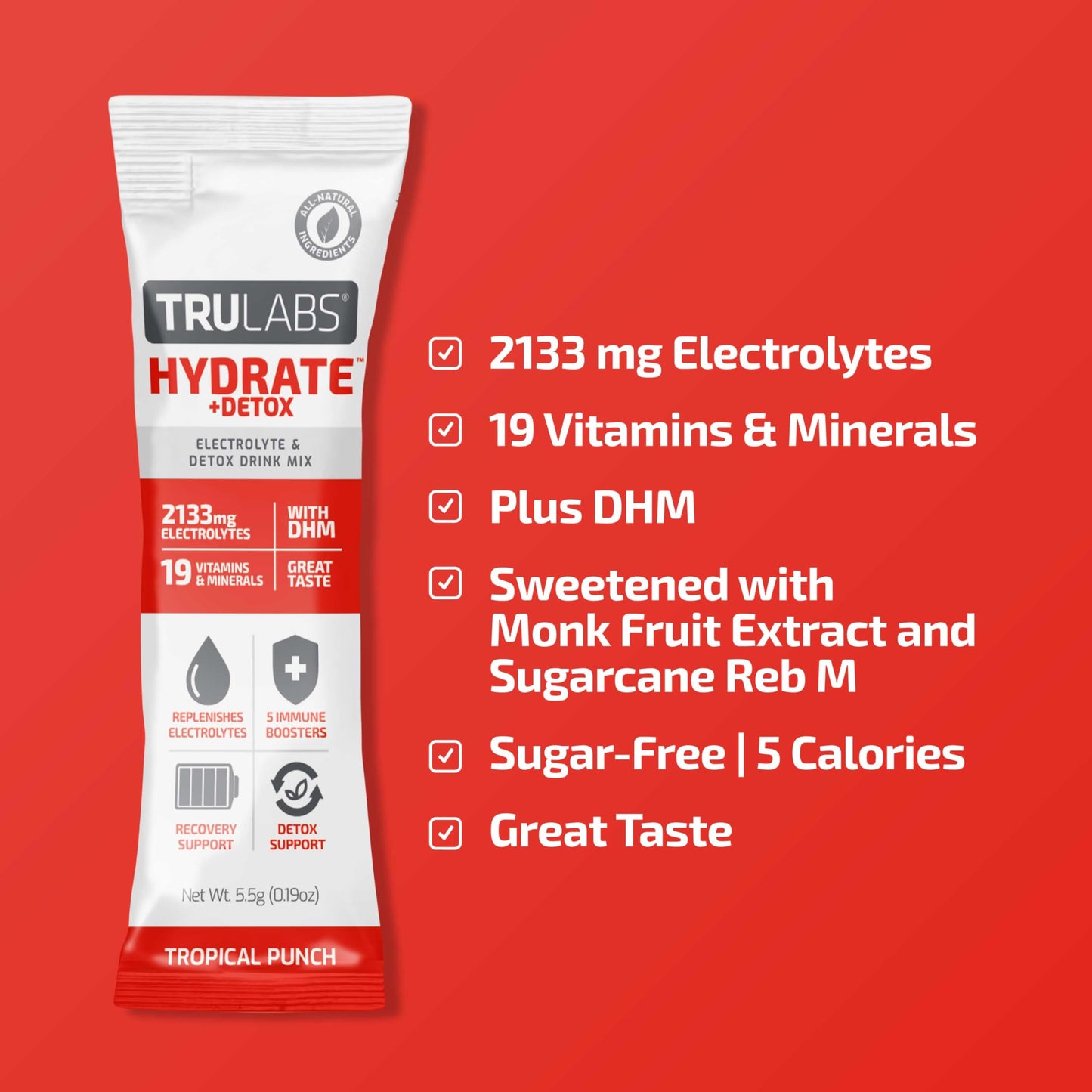 TRULABS Hydrate + Detox Tropical Punch 6ct. Sugar Free Electrolytes Hydration Packets. Each Serving Contains 1422 mg of Electrolytes &19 Vitamins & Minerals & DHM.