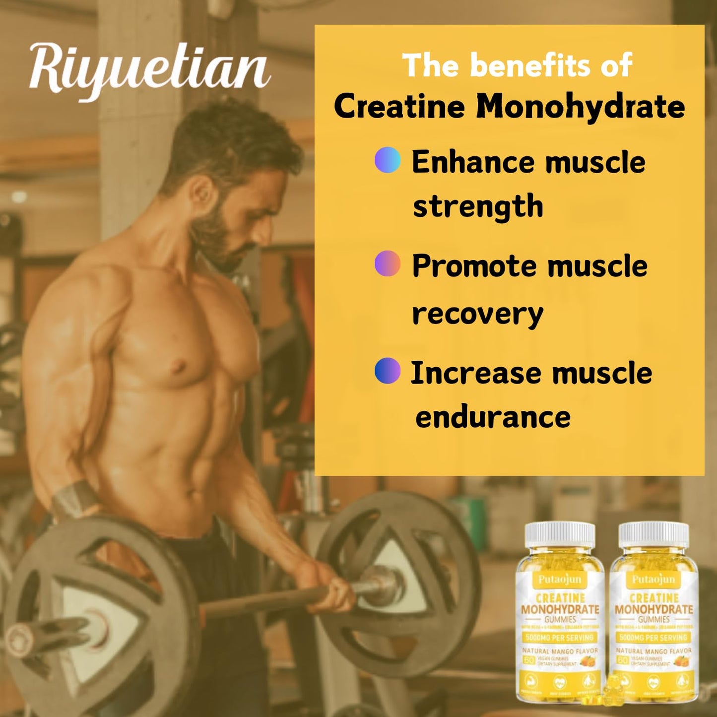 Creatine Monohydrate with Vitamins D3 & B12 | Sugar-free Hydrolyzed Collagen & Creatine gummies | Formulated to enhance Muscle Strength | Workout supplement suitable for men & women | 60 count