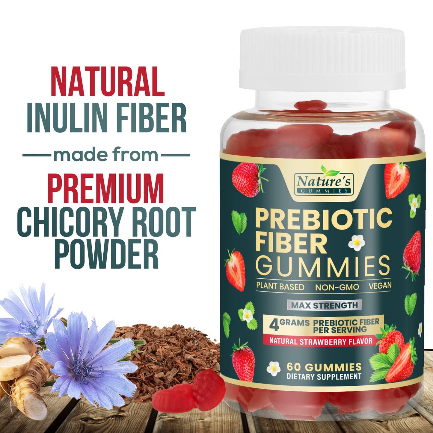 Fiber Supplement Gummies for Digestive Health & Regularity Support, Fiber 4g Gummy for Adults, Daily Prebiotic Supplements, Natural Prebiotic Fiber Gummy, Plant Based, Strawberry Flavored - 60 Gummies