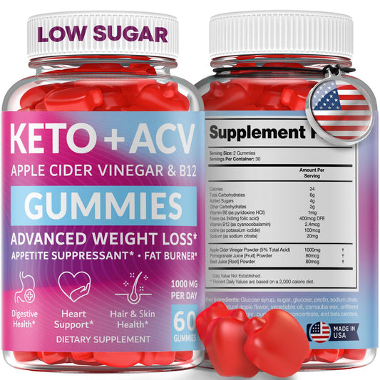 Keto ACV Gummies Advanced Weight Loss - Made in USA Tasty ACV Keto for Weight Loss, Digestion, Cleansing, No Gluten, No GMO & Vegan Keto Apple Cider Vinegar Gummies 1000mg, 60 pcs