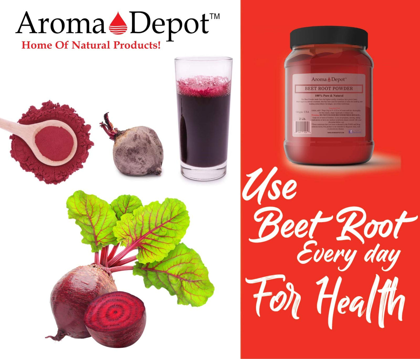 Beet Root Powder 4oz by Aroma Depot Raw & Non-GMO I Vegan & Gluten Free I Nitric Oxide Booster I Boost Stamina and Increases Energy I Immune System Booster I 100% Natural