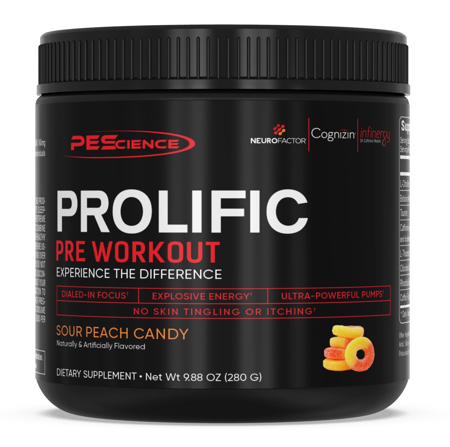 PEScience Prolific Pre Workout Powder, Sour Peach Candy, 40 Scoop, Energy Supplement with Nitric Oxide