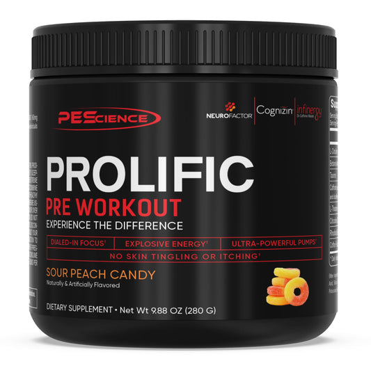 PEScience Prolific Pre Workout Powder, Sour Peach Candy, 40 Scoop, Energy Supplement with Nitric Oxide