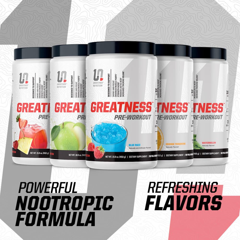 Undefined Nutrition Greatness Pre-Workout by Brian Shaw (30 Servings) - 6 g Citrulline Malate & 3.2 g Beta Alanine for Better Pumps, Energy, Focus and Strength for Men & Women (15.9 Oz, Blue Razz)