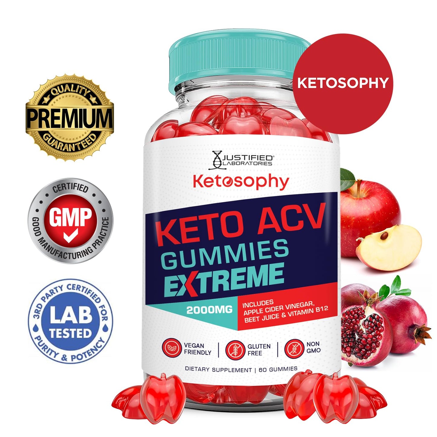Ketosophy Keto ACV Gummies Extreme 2000MG Ketosophy Keto Gummies Advanced Formula Apple Cider Vinegar with Pomegranate Beet Juice Powder B12 Vegan Non GMO 60 Gummys